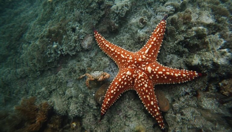 Alt text: Starfish with one shorter, regenerating arm among four fully grown arms