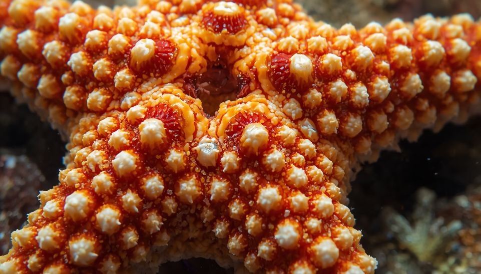 Alt text: Close-up of a starfish's healed wound site where a new arm is beginning to form