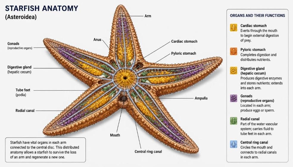 Alt text: Diagram of starfish anatomy showing organs distributed across the arms and central disc