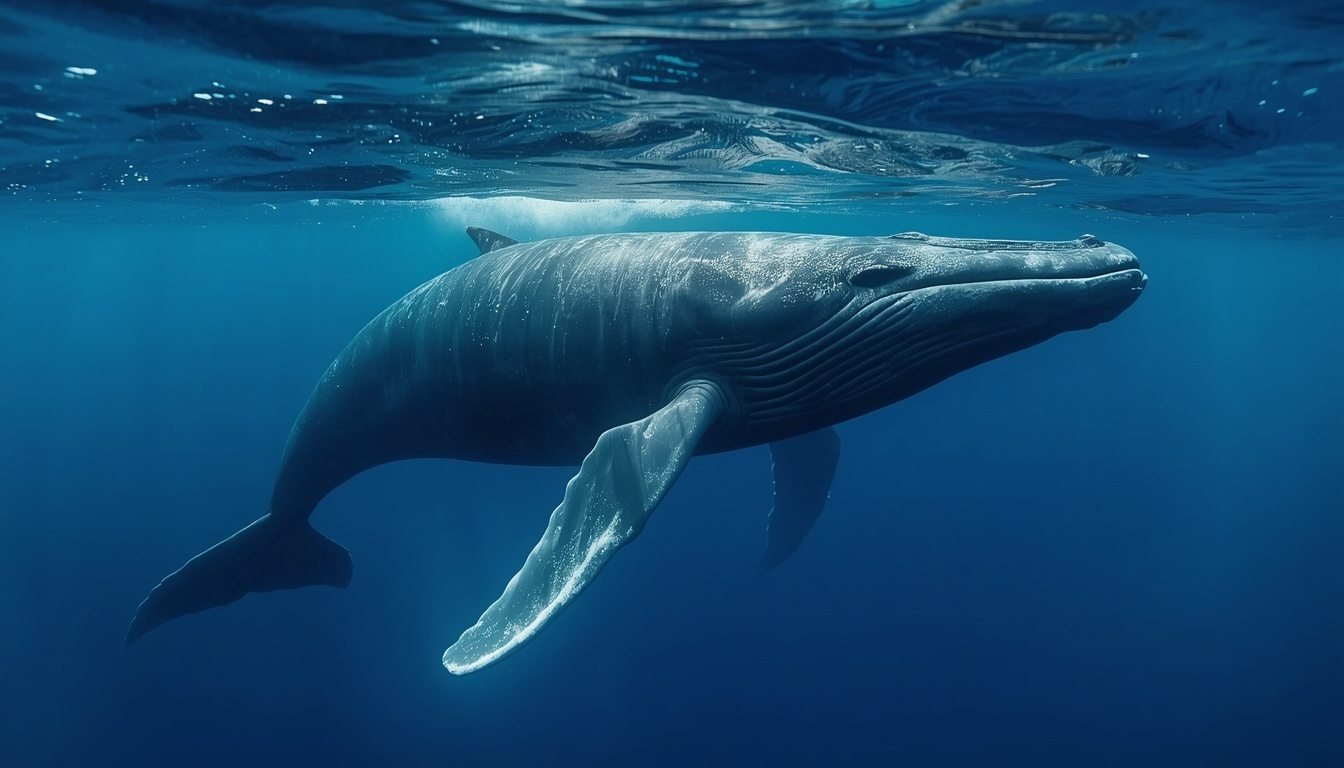 Alt Text: Baleen whale surfacing at the ocean's surface
