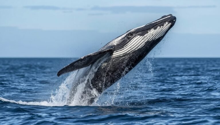 Alt Text: Humpback whale suspended in open ocean water