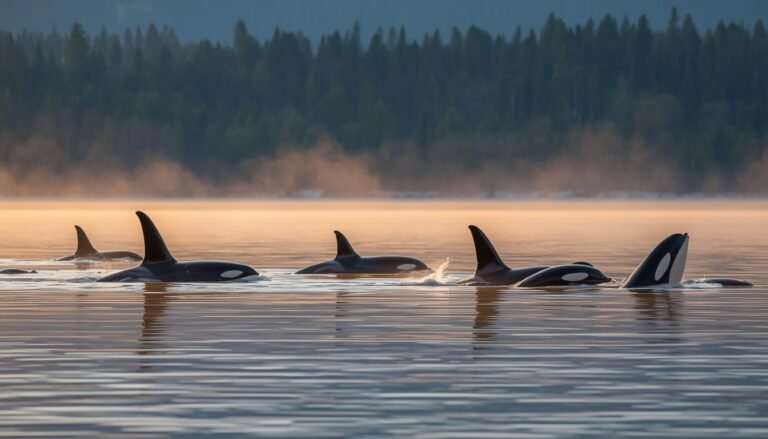 Alt Text: Pod of orcas surfacing together in calm coastal waters at sunrise