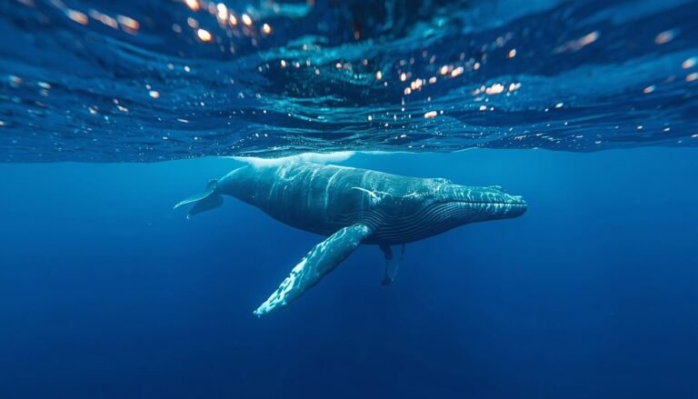 Alt text: Blue whale swimming near the ocean surface in clear blue water