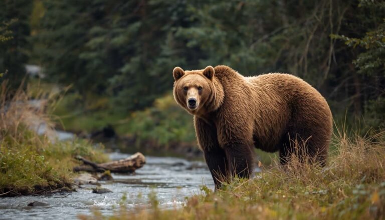 Alt text: Adult brown bear standing in a forest clearing near a stream