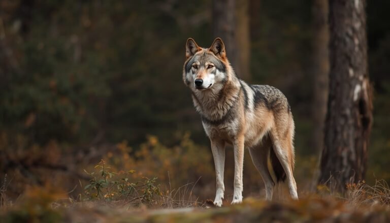 Alt text: Adult gray wolf standing alert in a forest clearing