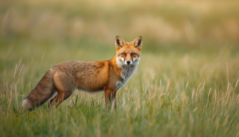 Alt text: Red fox standing alert in a grassy field