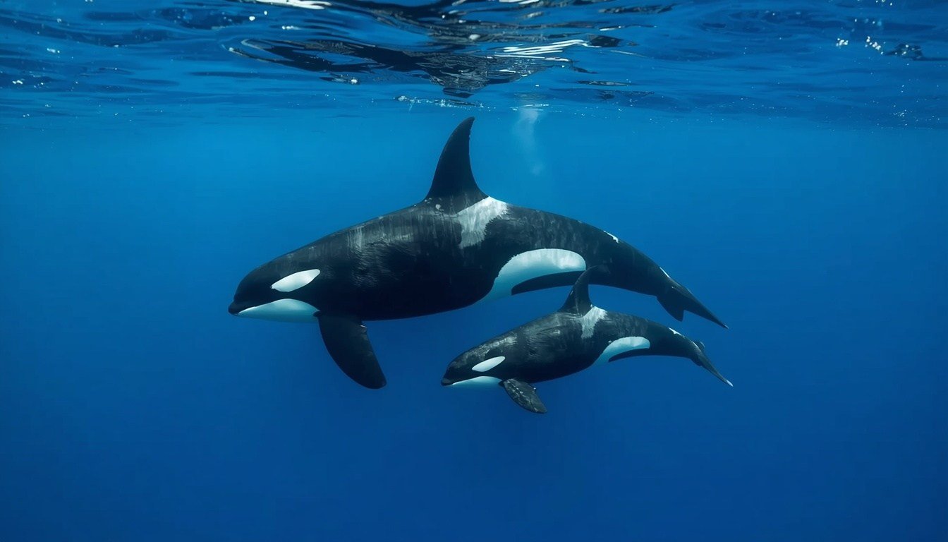 Alt Text: Adult male and female orcas swimming side by side showing dorsal fin differences