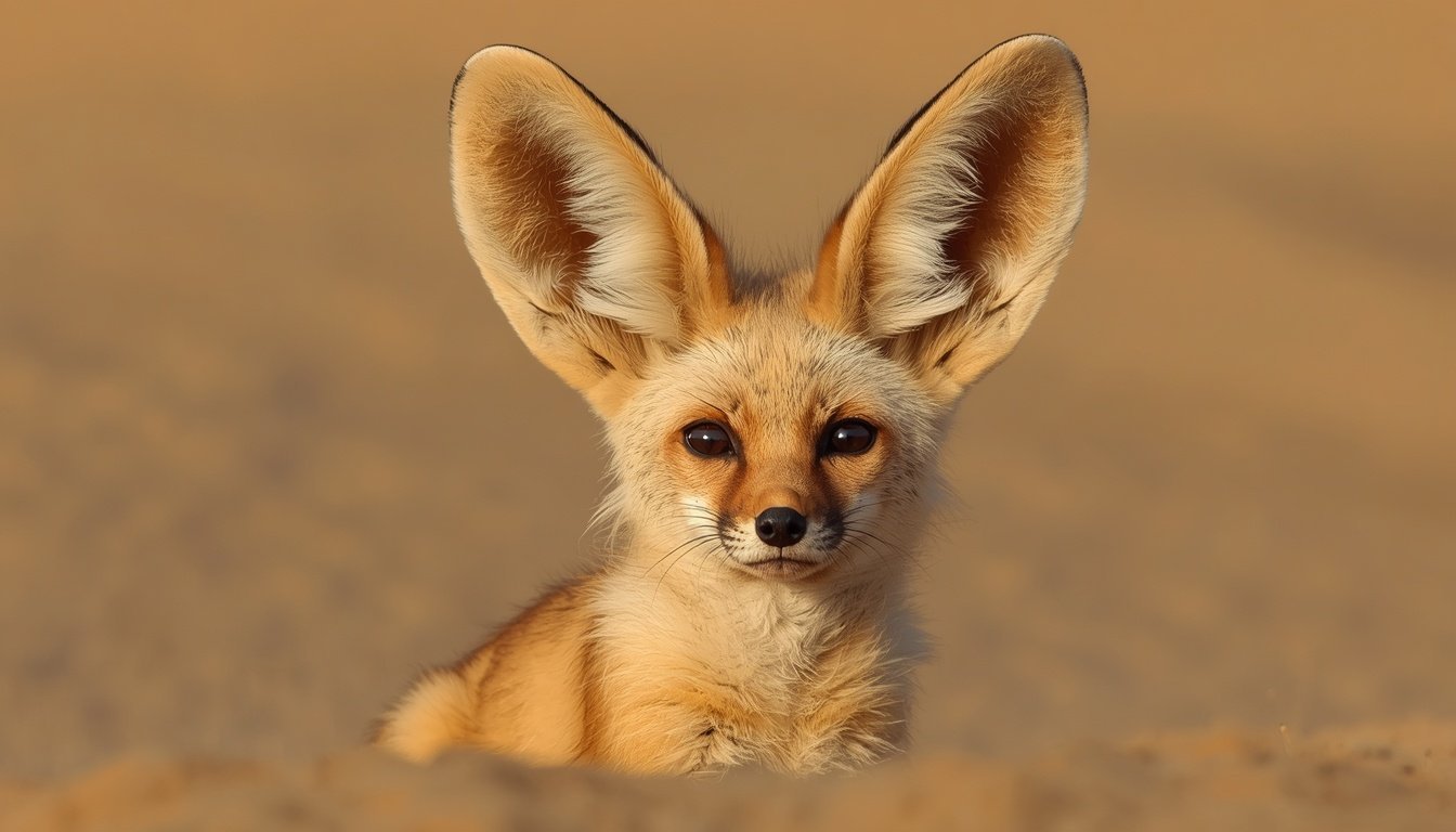 Alt text: Fennec fox with large ears sitting on desert sand
