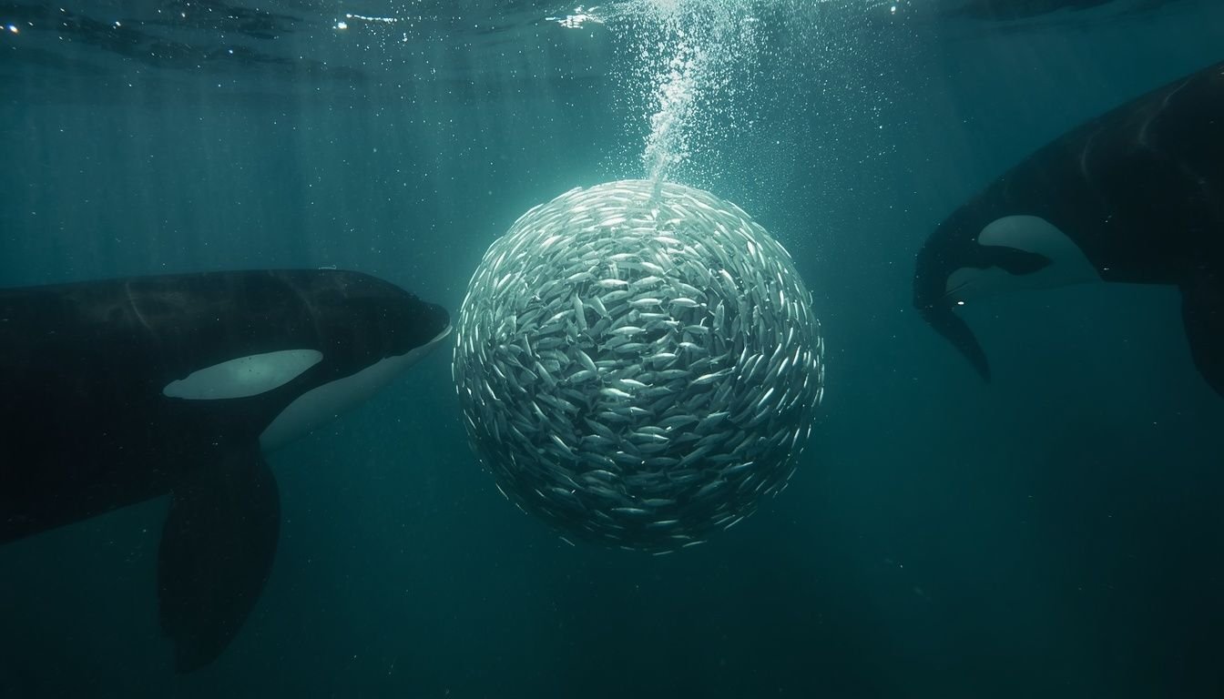 Alt Text: Orcas herding a tight school of herring in cold water
