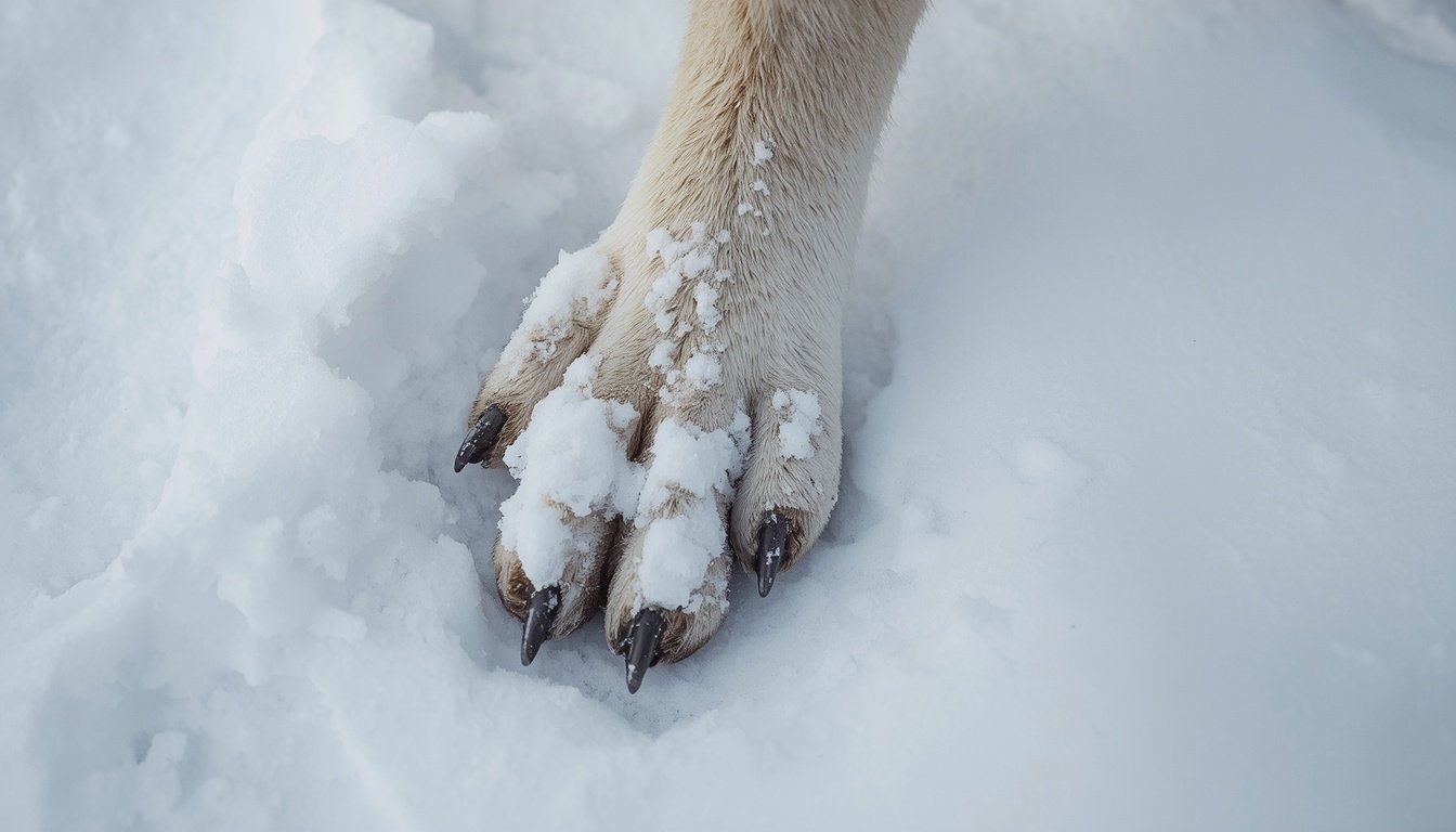 Alt text: Close-up of a wolf's large paw pressed into snow