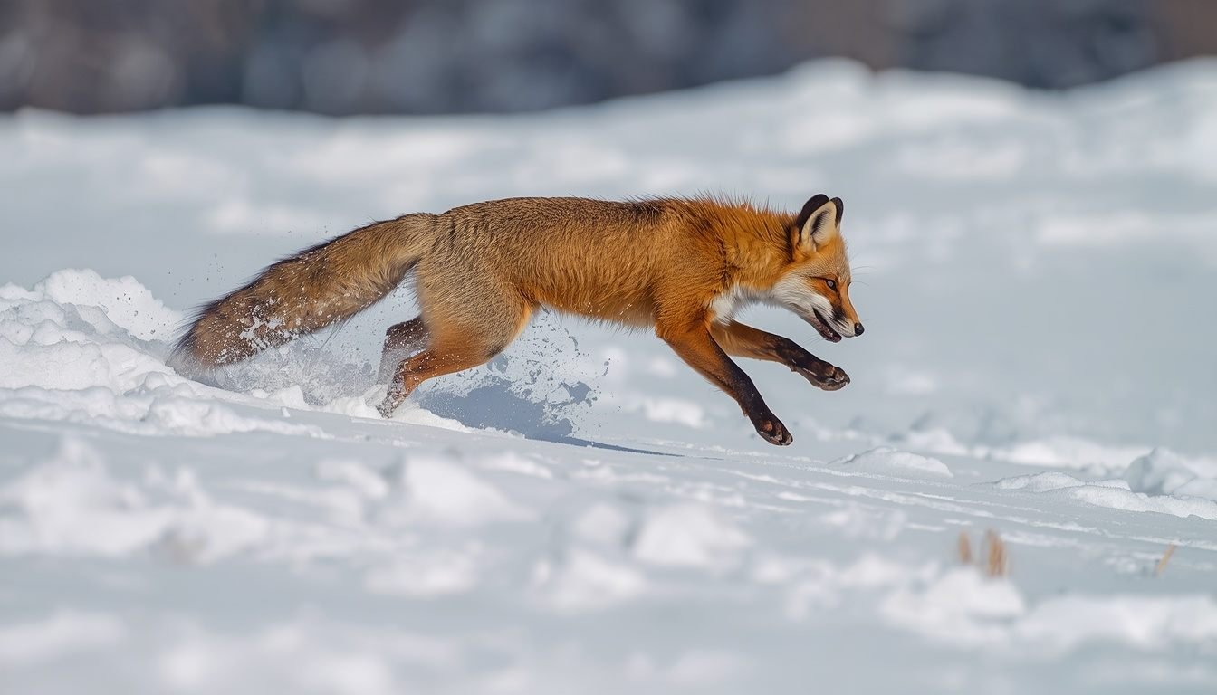 Alt text: Fox leaping headfirst into snow while hunting for prey
