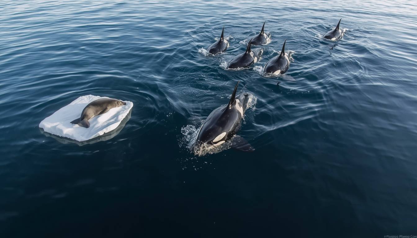 Alt Text: Orcas approaching an ice floe with a seal in Antarctic waters
