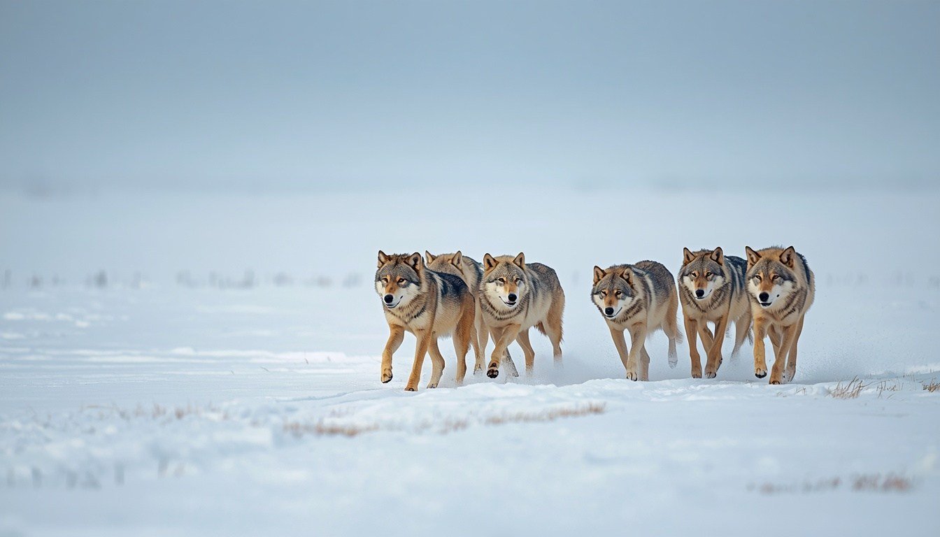  Alt text: Several wolves moving together across open snowy terrain
