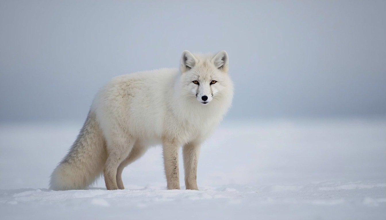  Alt text: Arctic fox with a thick white coat standing on snowy terrain