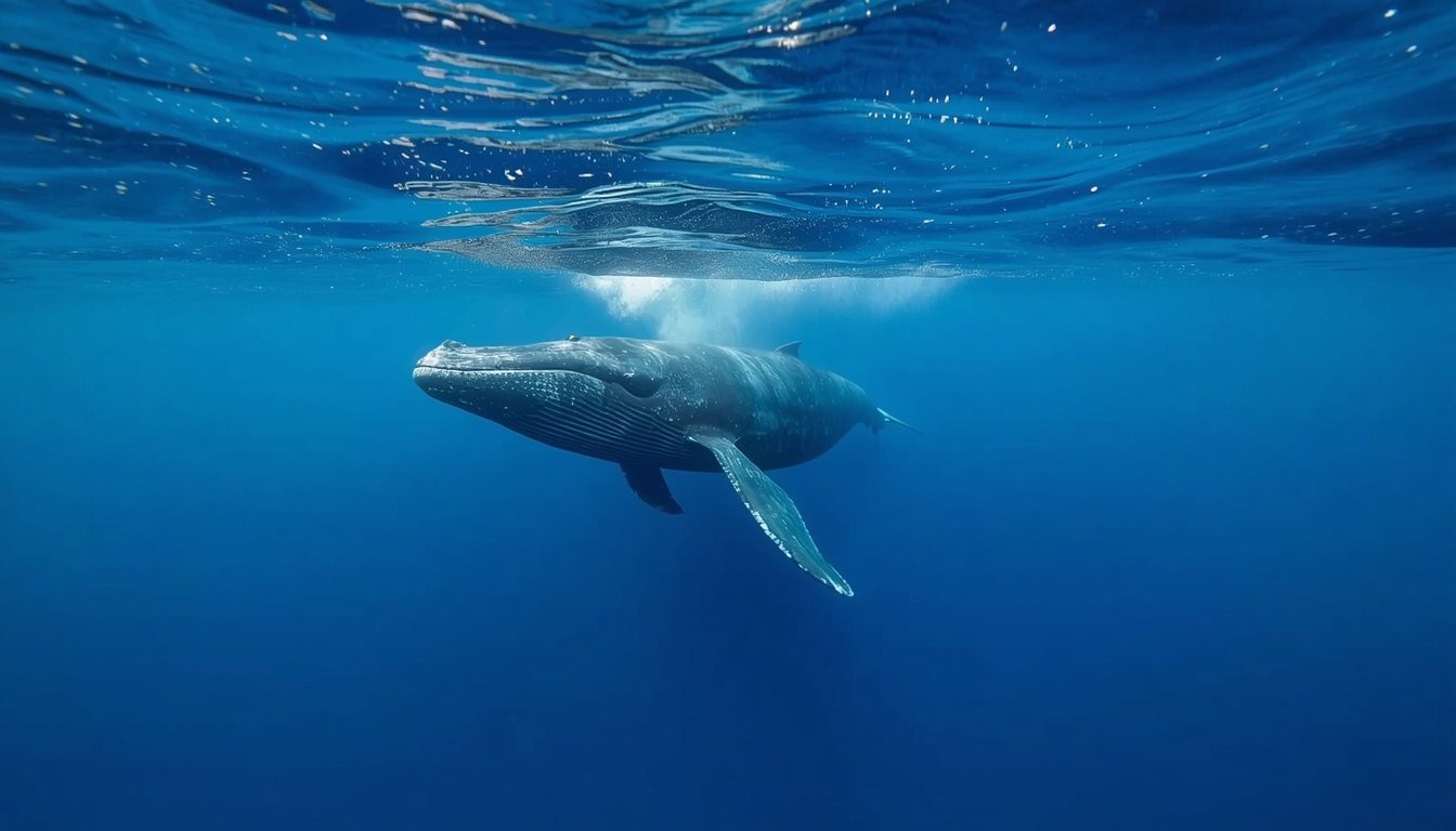 Alt text: Large whale swimming through open blue ocean water during migration