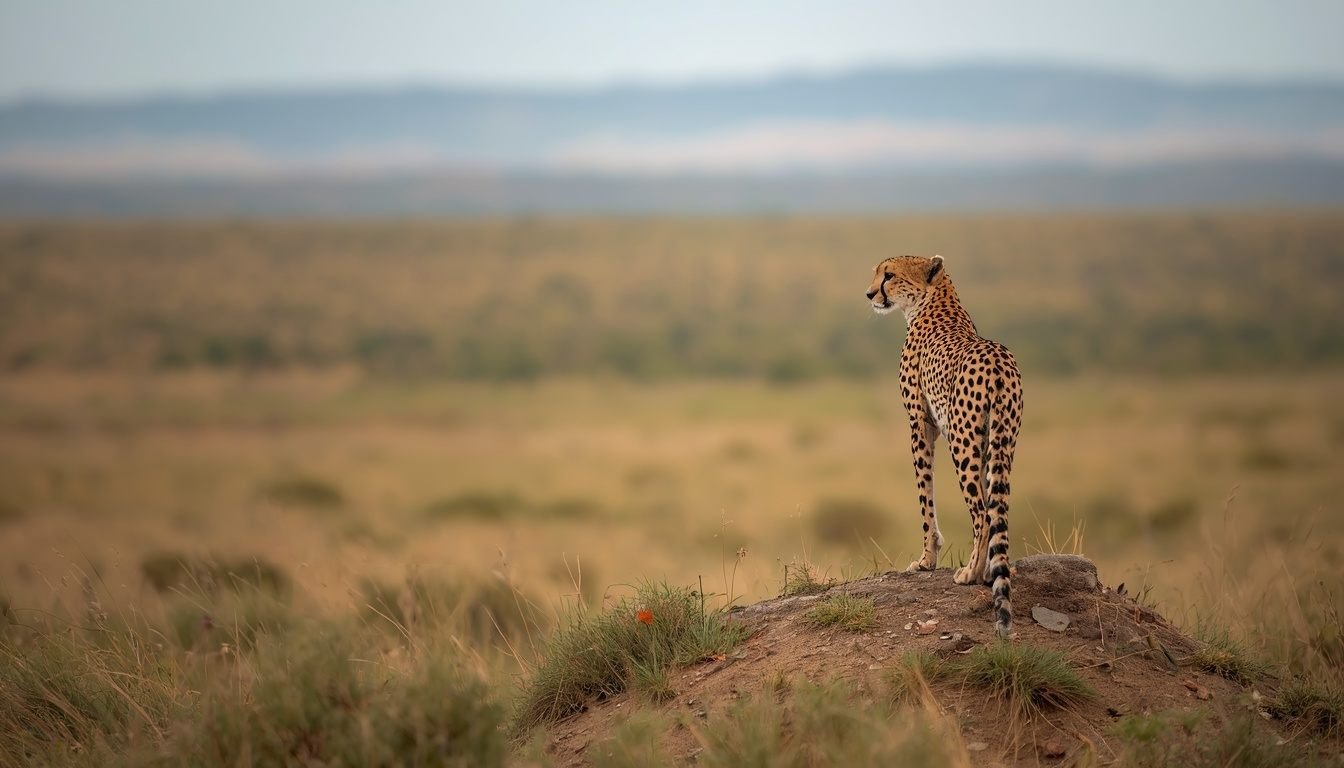  Alt text: Cheetah standing on a mound surveying open savanna terrain

