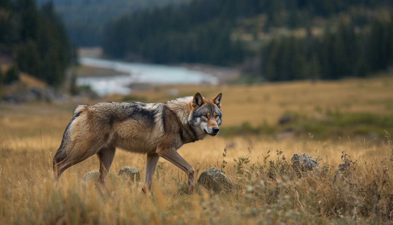  Alt text: Wolf walking through an open mountain valley with a river and forest nearby
